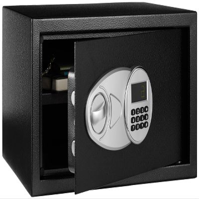 Amazon Basics Steel Security Safe Box with Digital Keypad, for Valuables, Cash, Jewelry, Documents, Removable Shelf, Black, 1 Cubic Foot, 16.9"x14.6"x9.1" (WxDxH)