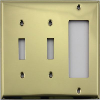 Stamped Polished Brass 3 Gang Wall Plate - 2 Toggle Switches 1 GFI Rocker Opening