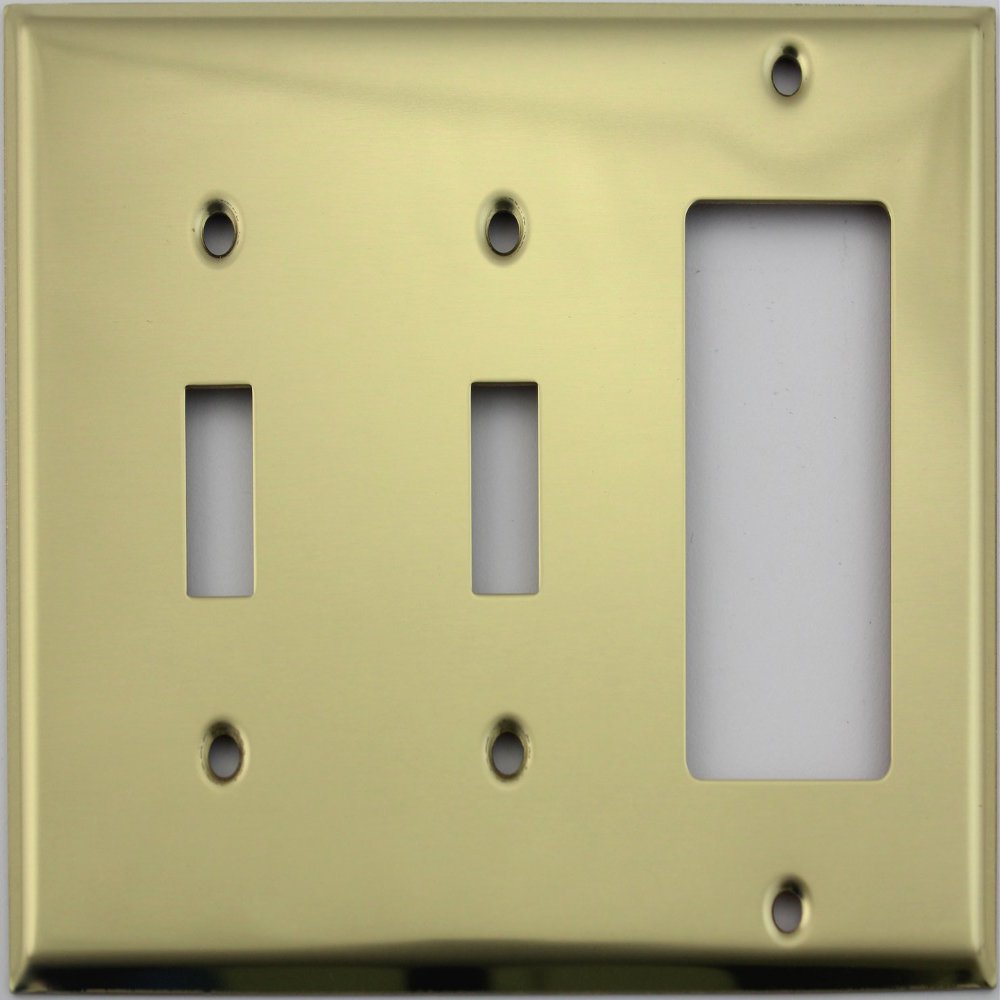 Stamped Polished Brass 3 Gang Wall Plate - 2 Toggle Switches 1 GFI Rocker Opening