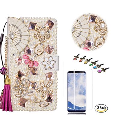 STENES Bling Case Compatible with Google Pixel 2 Case - 3D Handmade Crystal Fan Tassel Pendant Ballet Girls Wallet Credit Card Slots Fold Stand Leather Cover Case with Screen Protector - Hot Pink