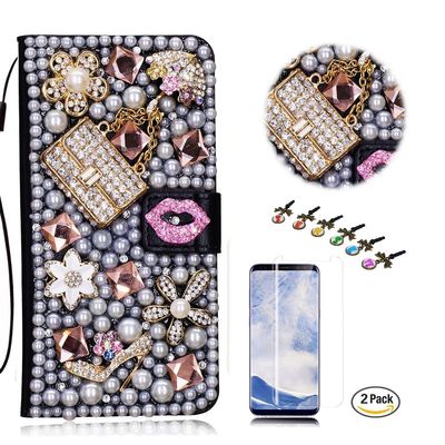 STENES Bling Case Compatible with Google Pixel Case - 3D Handmade Crystal Sexy Girls Bag High Heel Lips Wallet Credit Card Slots Fold Stand Leather Cover Case with Screen Protector - Pink