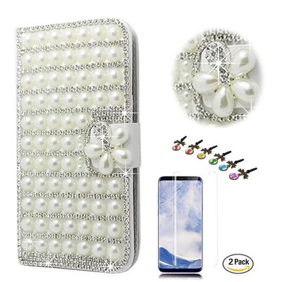 STENES Bling Case Compatible with Google Pixel Case - 3D Handmade Crystal Pearl Lattice Flowers Wallet Stand Leather Cover Compatible with Google Pixel with Screen Protector - White