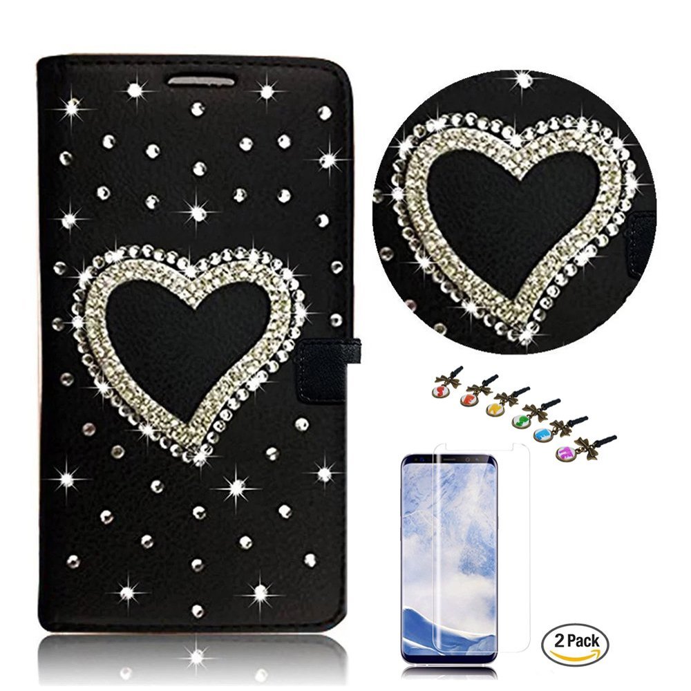 STENES Bling Phone Case Compatible with Google Pixel 2 Case - Stylish - 3D Handmade Crystal Heart Design Wallet Credit Card Slots Fold Media Stand Leather Cover with Screen Protector - Black