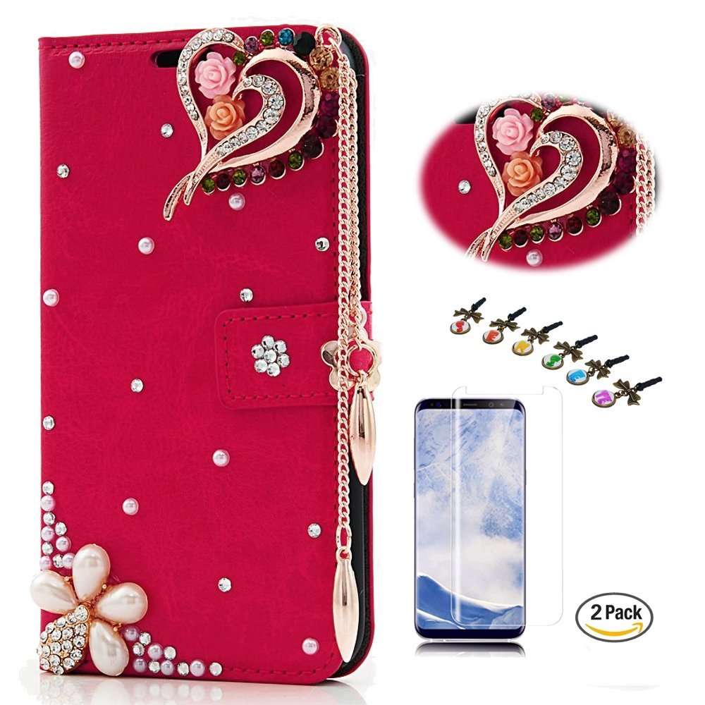 STENES Bling Case Compatible with Google Pixel 2 Case - 3D Handmade Crystal Rose Heart Pendant Flowers Wallet Credit Card Slots Fold Stand Leather Cover with Screen Protector - Red