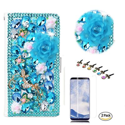 STENES Bling Case Compatible with Google Pixel 2 Case - 3D Handmade Crystal Dance Butterfly Flowers Wallet Credit Card Slots Fold Stand Leather Cover Case with Screen Protector - Light Blue