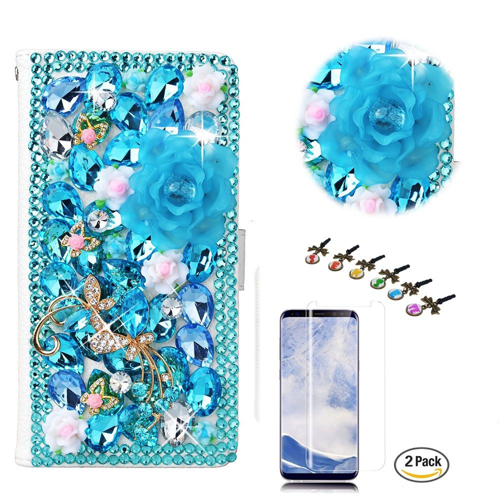 STENES Bling Case Compatible with Google Pixel 2 Case - 3D Handmade Crystal Dance Butterfly Flowers Wallet Credit Card Slots Fold Stand Leather Cover Case with Screen Protector - Light Blue