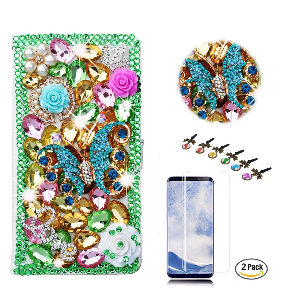 STENES Bling Case Compatible with Google Pixel 2 Case - 3D Handmade Crystal Butterfly Rose Flowers Wallet Credit Card Slots Fold Stand Leather Cover with Screen Protector - Green