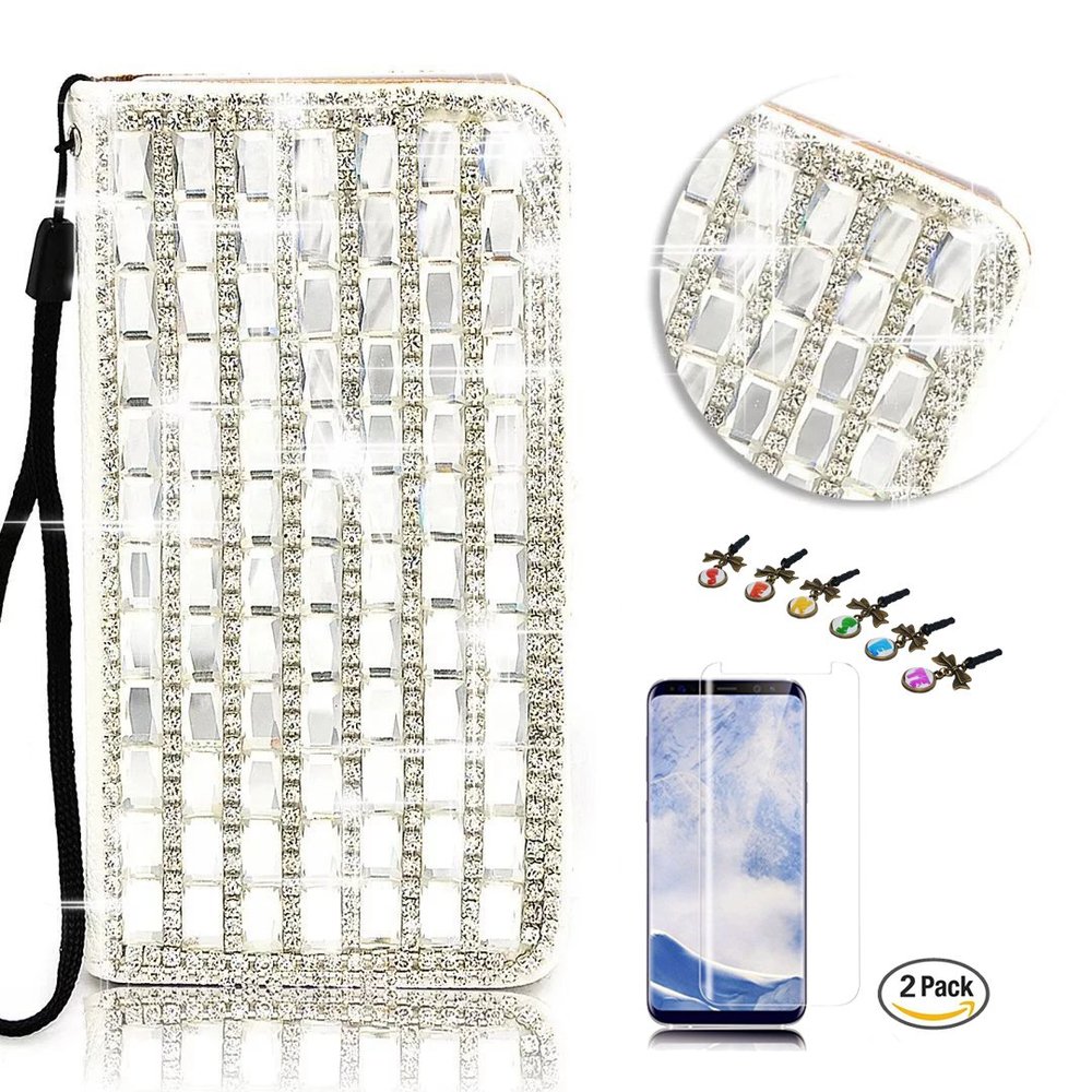 STENES Bling Phone Case Compatible with Google Pixel 2 Case - Stylish - 3D Handmade Crystal Pearl Lattice Design Wallet Credit Card Slots Fold Media Stand Leather Cover with Screen Protector - White