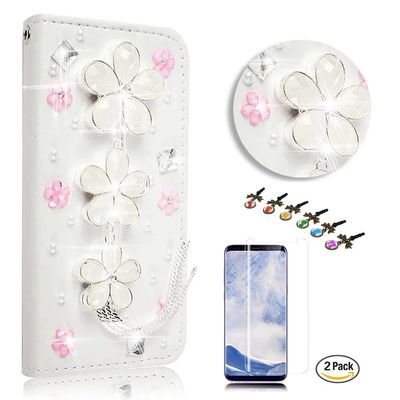 STENES Bling Case Compatible with Google Pixel Case - 3D Handmade Crystal Floral Tassel Pendant Wallet Stand Leather Cover Compatible with Google Pixel with Screen Protector - White