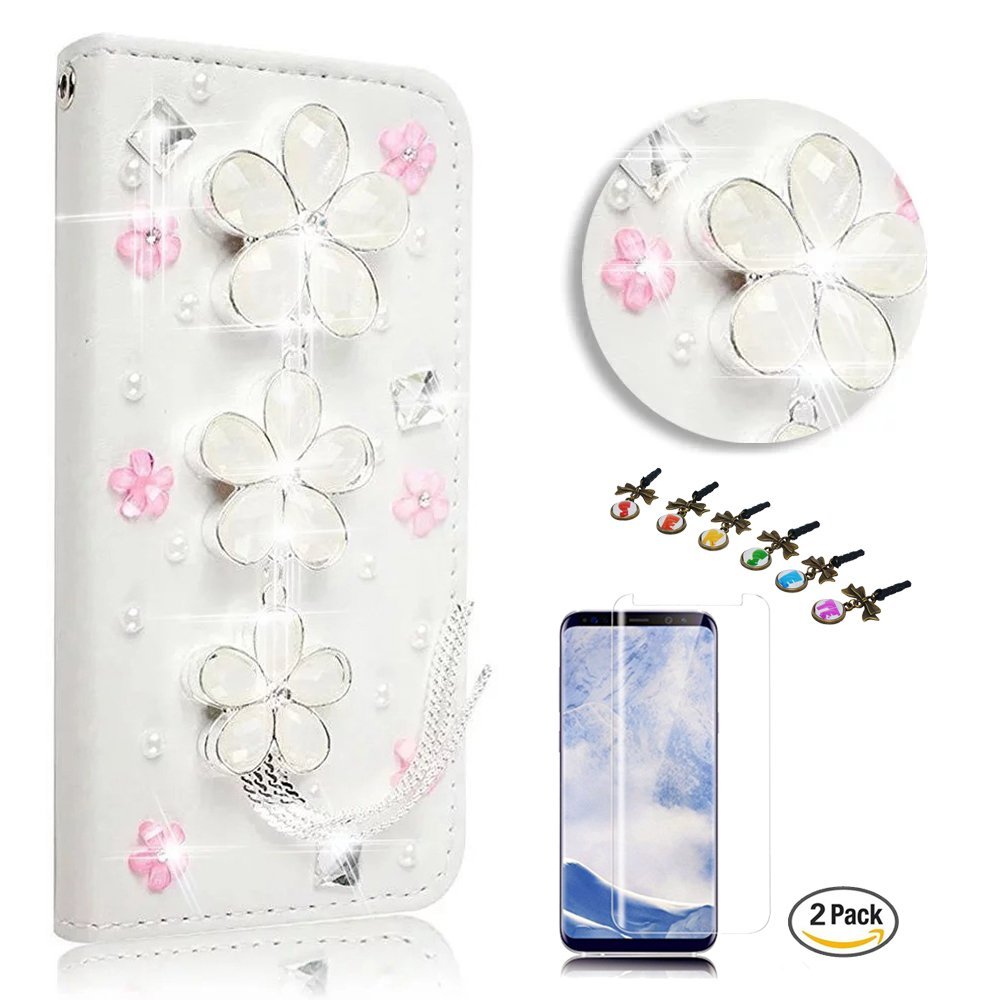 STENES Bling Case Compatible with Google Pixel Case - 3D Handmade Crystal Floral Tassel Pendant Wallet Stand Leather Cover Compatible with Google Pixel with Screen Protector - White