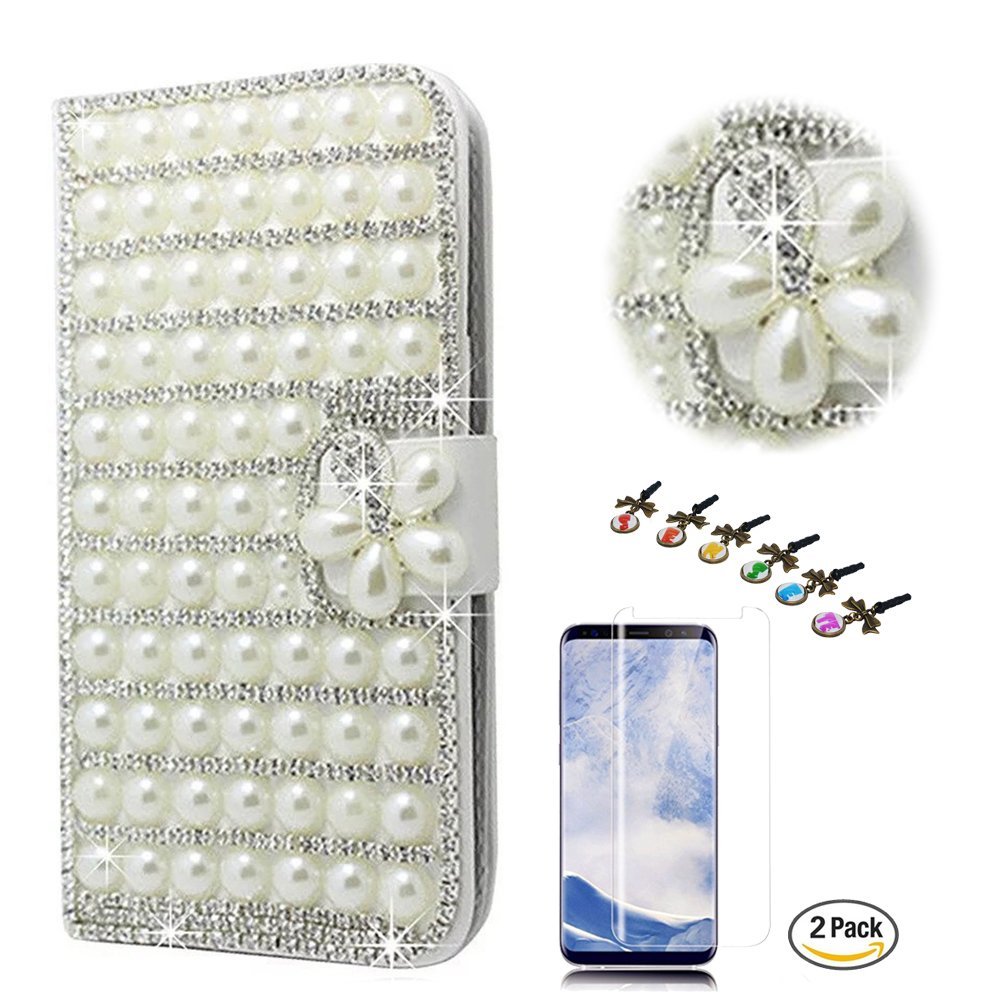STENES Bling Phone Case Compatible with Google Pixel 2 Case - Stylish - 3D Handmade Crystal Pearl Lattice Flowers Wallet Credit Card Slots Fold Media Stand Leather Cover with Screen Protector - White