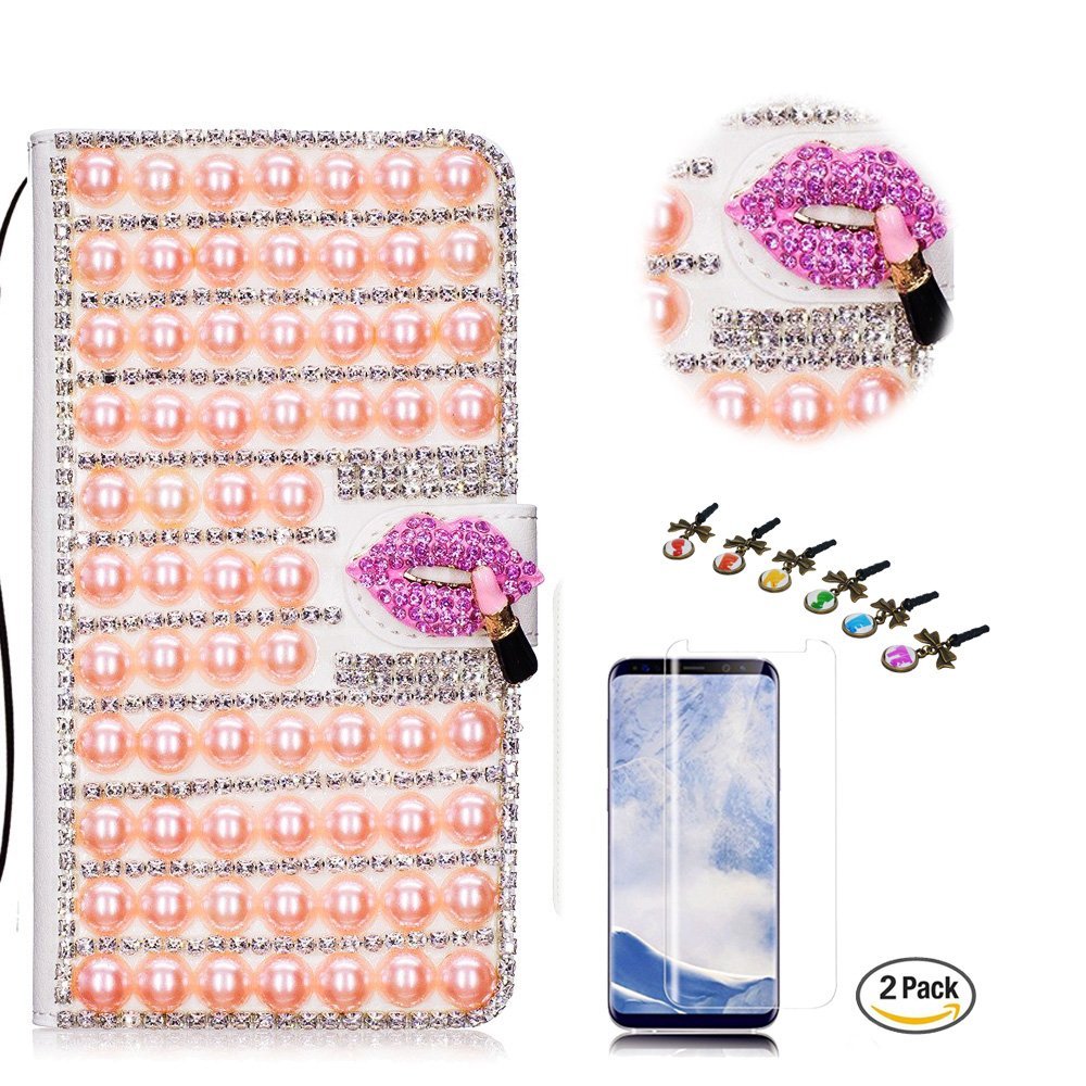 STENES Bling Case Compatible with Google Pixel 2 Case - 3D Handmade Crystal Pearl Lattice Sexy Lips Wallet Credit Card Slots Fold Stand Leather Cover with Screen Protector - Pink