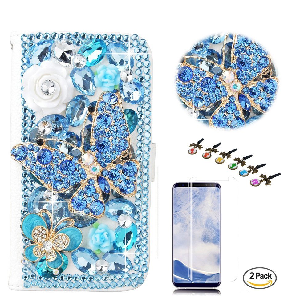 STENES Bling Case Compatible with Google Pixel Case - 3D Handmade Crystal Butterfly Flowers Wallet Credit Card Slots Fold Stand Leather Cover Compatible with Google Pixel with Screen Protector - Blue