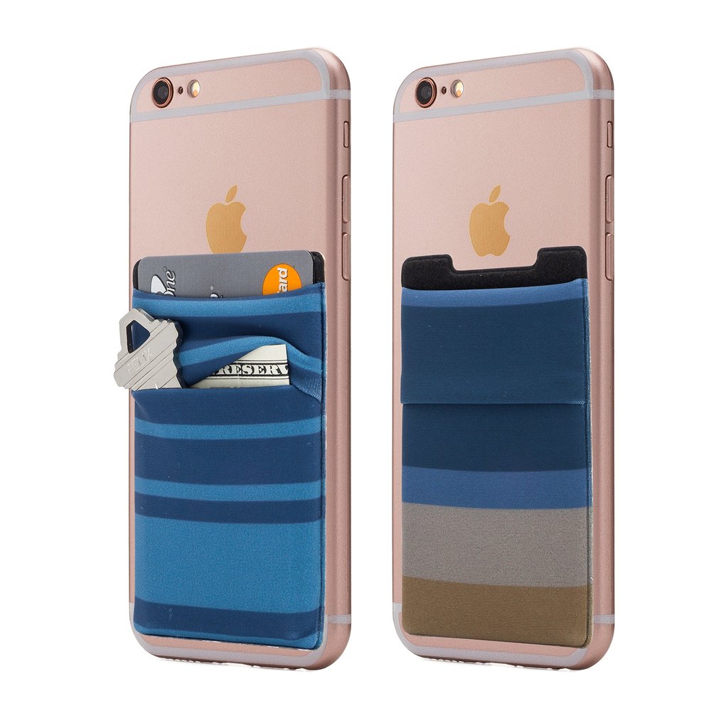 Cardly Wallet | Card and Money Holder for Cell Phone | Sticks On Case (Blue & Tan Striped)