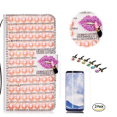 STENES Bling Case Compatible with Google Pixel XL Case - 3D Handmade Crystal Pearl Lattice Sexy Lips Wallet Credit Card Slots Fold Stand Leather Cover with Screen Protector - Pink