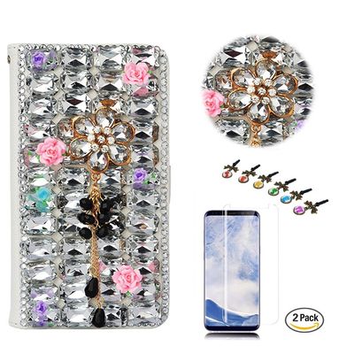STENES Bling Case Compatible with Google Pixel 2 XL Case - 3D Handmade Crystal Flowers Pendant Floral Wallet Credit Card Slots Fold Stand Leather Cover XL with Screen Protector - White
