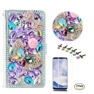 STENES Bling Case Compatible with Google Pixel 2 XL Case - 3D Handmade Crystal Butterfly Bows Flower Wallet Credit Card Slots Fold Stand Leather Cover Case with Screen Protector - Light Purple