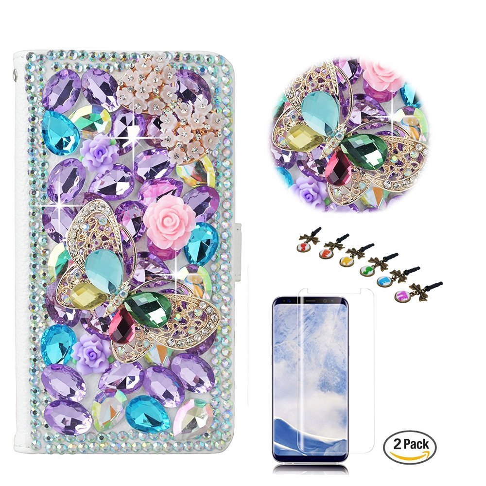 STENES Bling Case Compatible with Google Pixel 2 XL Case - 3D Handmade Crystal Butterfly Bows Flower Wallet Credit Card Slots Fold Stand Leather Cover Case with Screen Protector - Light Purple