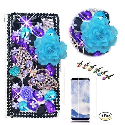 STENES Bling Case Compatible with Google Pixel XL Case - 3D Handmade Crystal Rose Butterfly Flowers Wallet Credit Card Slots Fold Stand Leather Cover with Screen Protector - Violet