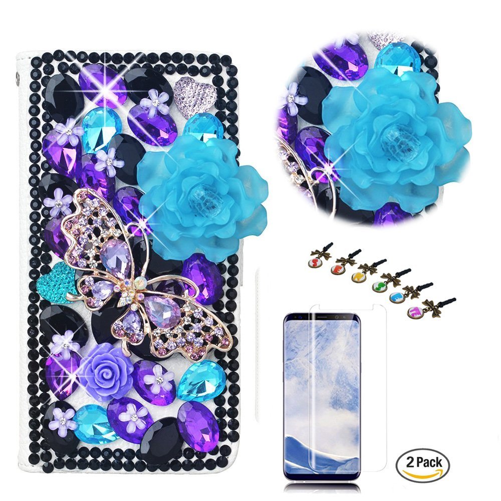 STENES Bling Case Compatible with Google Pixel XL Case - 3D Handmade Crystal Rose Butterfly Flowers Wallet Credit Card Slots Fold Stand Leather Cover with Screen Protector - Violet