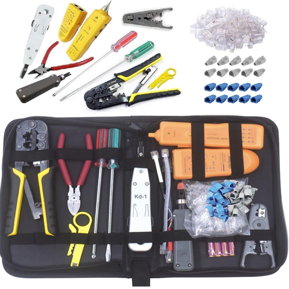 UbiGear Network/Phone Cable Finder/Toner/Probe/Tracer/Tester + RJ11/RJ12/RJ45 Crimp Crimper + 100 Pcs RJ45 CAT5e Connector Plug/Boots Network Tool Kits (PremiumTester)