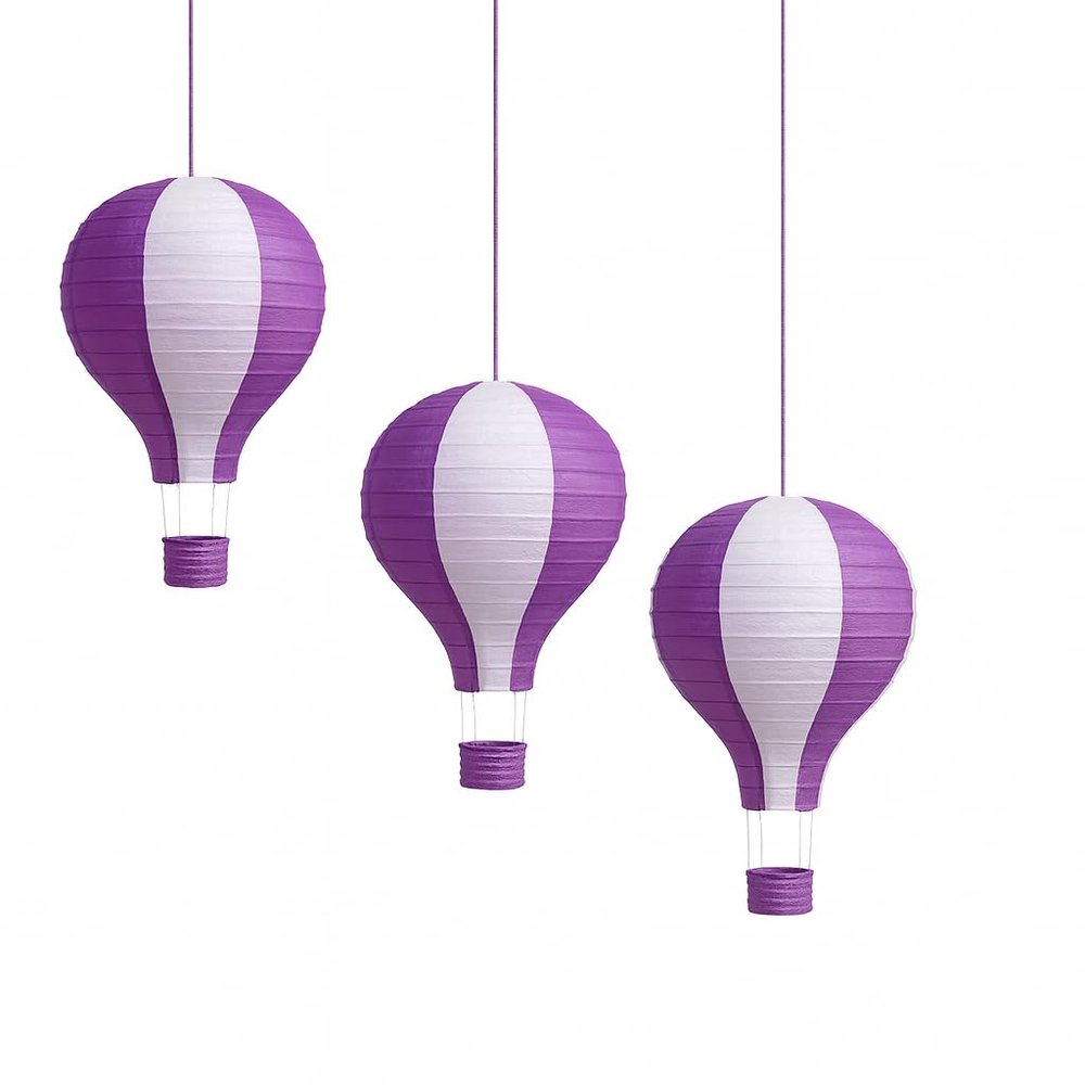 Pack of 3 Stripy Hot Air Balloon Paper Lantern Wedding Party Decoration Craft Lamp Shade (Purple, 16" (40CM))