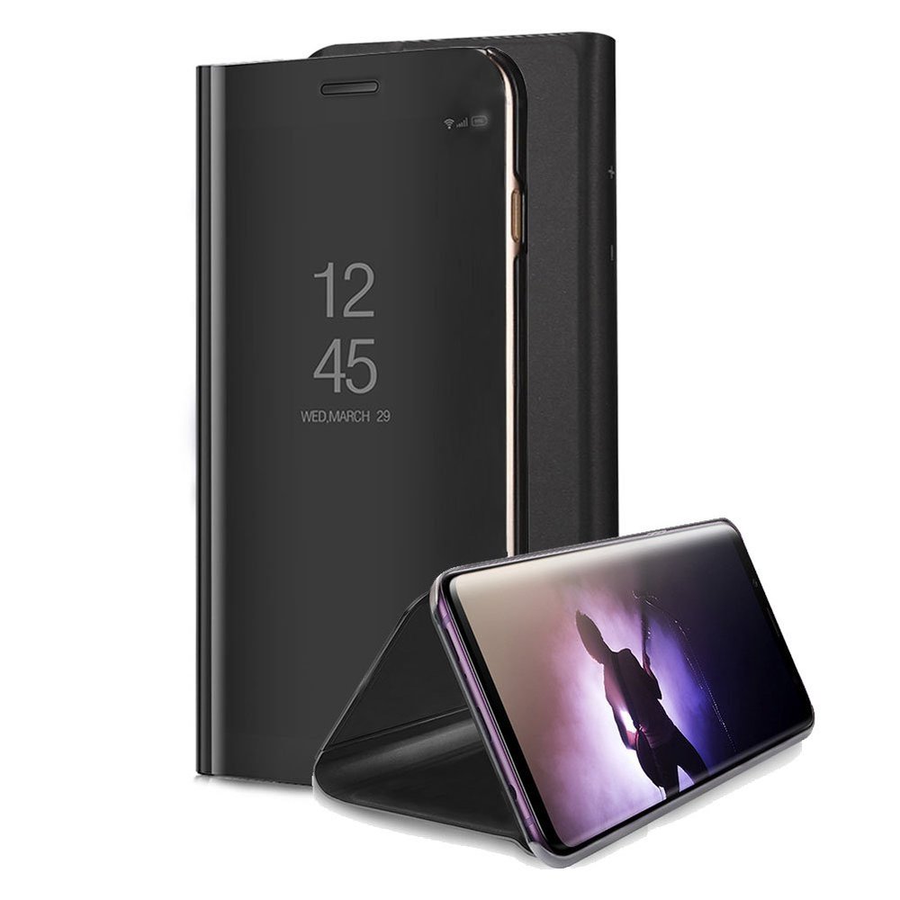 Aearl for Samsung Galaxy Note 8 Mirror Case, Plating PC Smart Clear View Window Vertical Flip Stand Cover Full Body Protective Shell with Screen Protector Kickstand for Galaxy Note 8 - Black