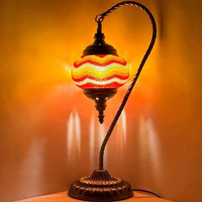 SILVERFEVER Handcrafted Mosaic Turkish Lamp Moroccan Glass Table Desk Bedside Light Bronze Base with E12 Bulb (Red Yellow Lines Lattern)