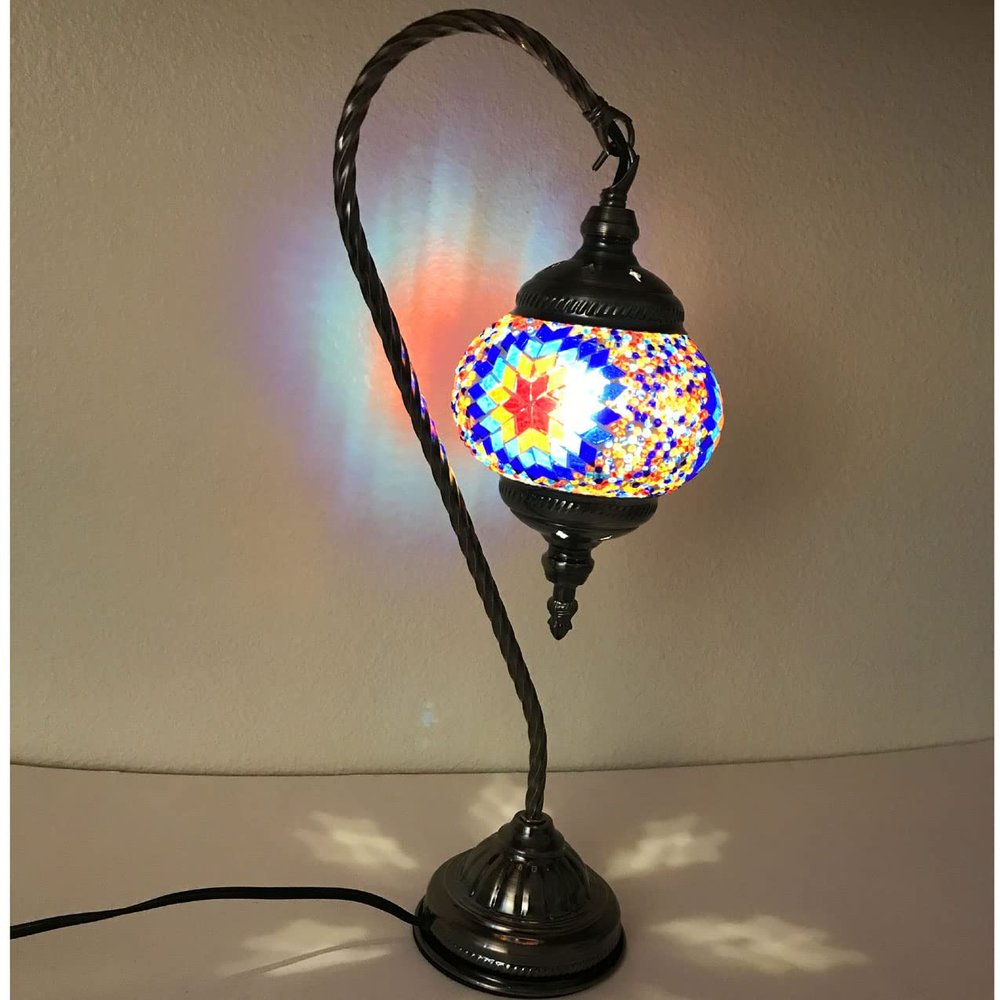 SILVERFEVER Handcrafted Mosaic Turkish Lamp Moroccan Glass Table Desk Bedside Light Bronze Base with E12 Bulb (Red Yellow Starburst Latter)