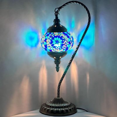 SILVERFEVER Handcrafted Mosaic Turkish Lamp Moroccan Glass Table Desk Bedside Light Bronze Base with E12 Bulb (Blue Snowflake Lattern)