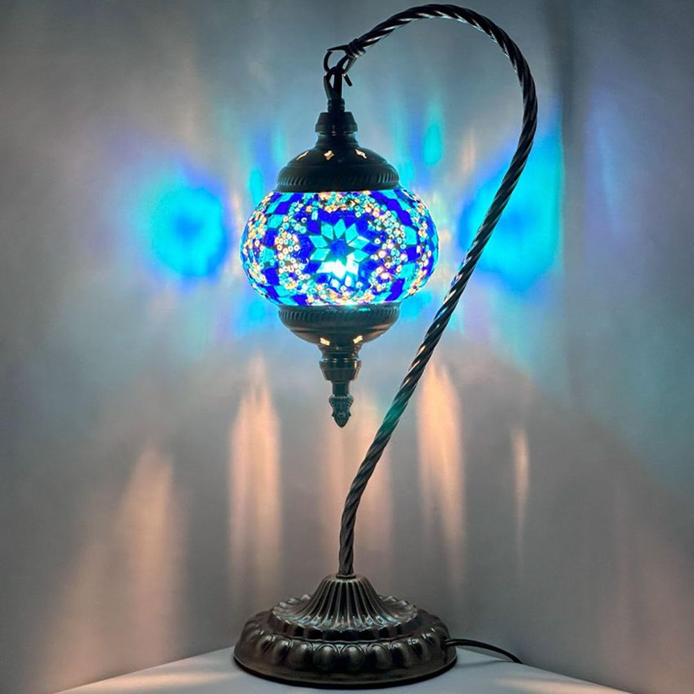 SILVERFEVER Handcrafted Mosaic Turkish Lamp Moroccan Glass Table Desk Bedside Light Bronze Base with E12 Bulb (Blue Snowflake Lattern)