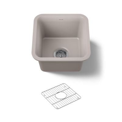 KOHLER K-8223-CM3 Cairn 15.5" Neoroc Composite Undermount Single-Bowl Bar Sink, Composite Bar Sink with Sink Rack, Matte Taupe