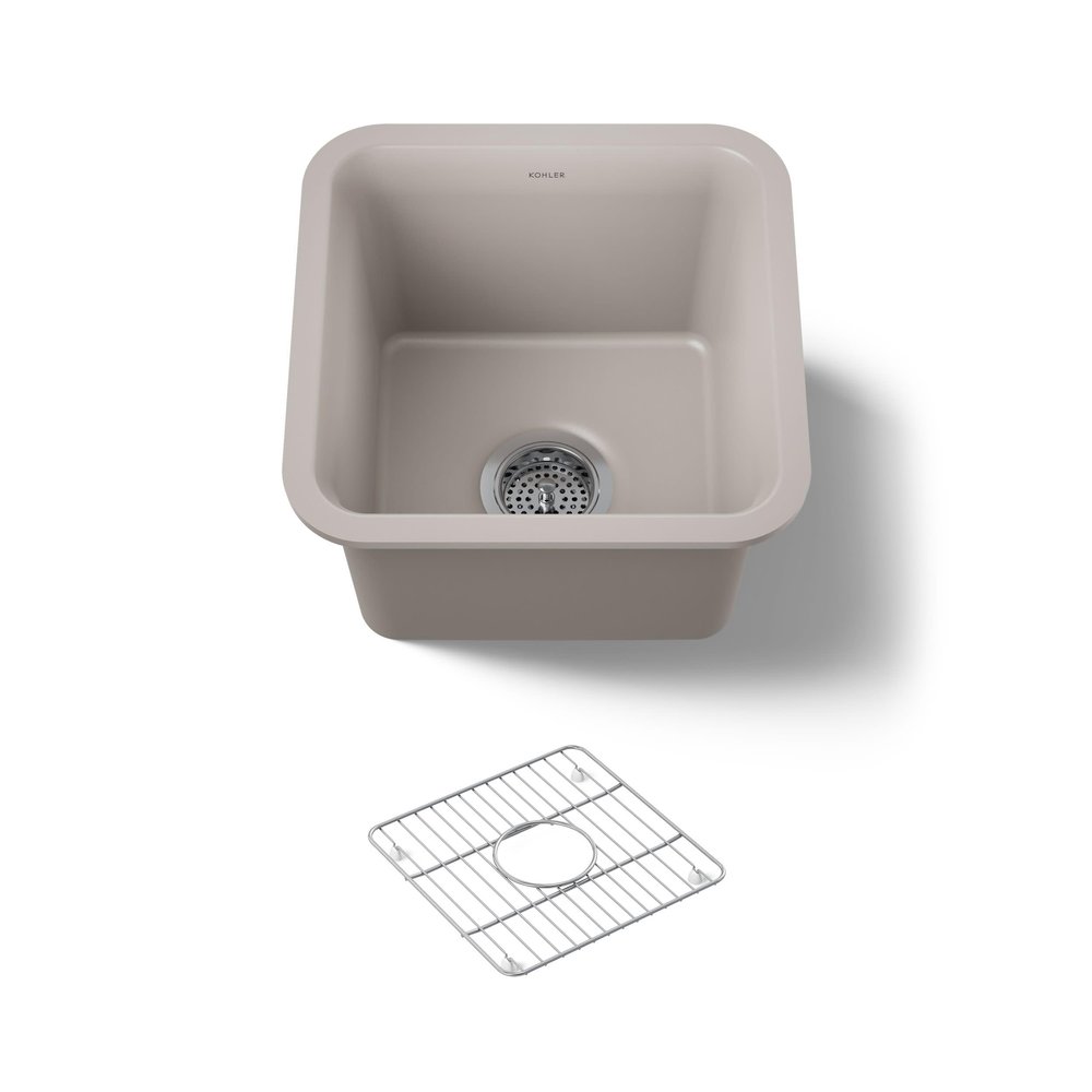 KOHLER K-8223-CM3 Cairn 15.5" Neoroc Composite Undermount Single-Bowl Bar Sink, Composite Bar Sink with Sink Rack, Matte Taupe