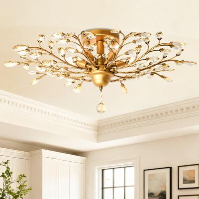 Garwarm 5-Light Gold Crystal Chandelier, Vintage Flush Mount Ceiling Light