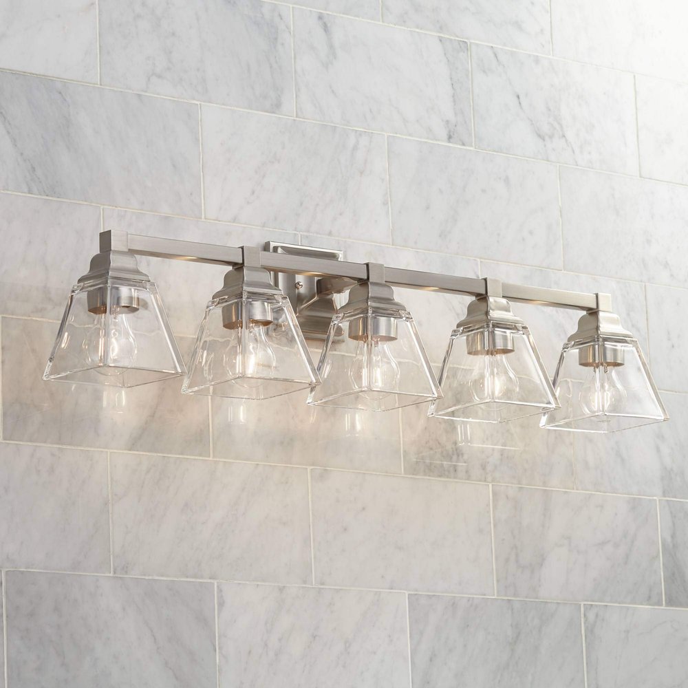 Mencino 35 1/4" Satin Nickel and Clear Glass Bath Wall 5-Light Fixture