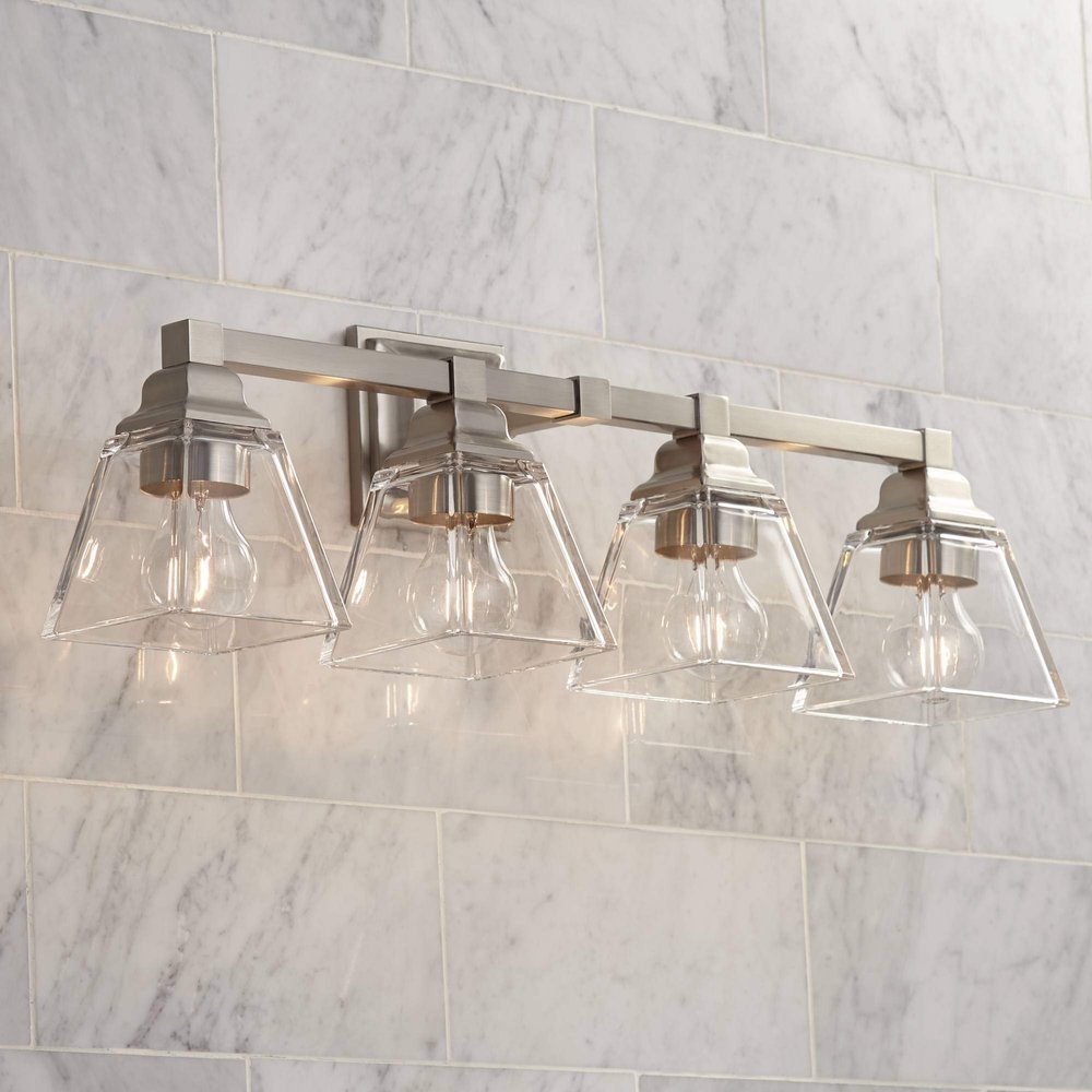 Mencino 28" Satin Nickel Clear Glass Bath Vanity Wall 4-Light Fixture