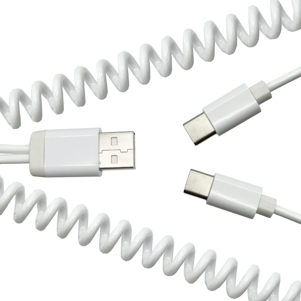 Seadream Coiled Type-C USB C Cable,Coiled Dual USB C to USB 2.0 A Male Y Splitter Charger Cable for Car Galaxy S9 S8, Note 8 7, C9 C7 Pro and Other Type-C Devices,Stretched to 3 Feet (White)