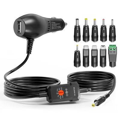 Powseed 34W 3V 4.5V 5V 6V 7.5V 9V 12V DC Car Charger with 10 Tips and USB