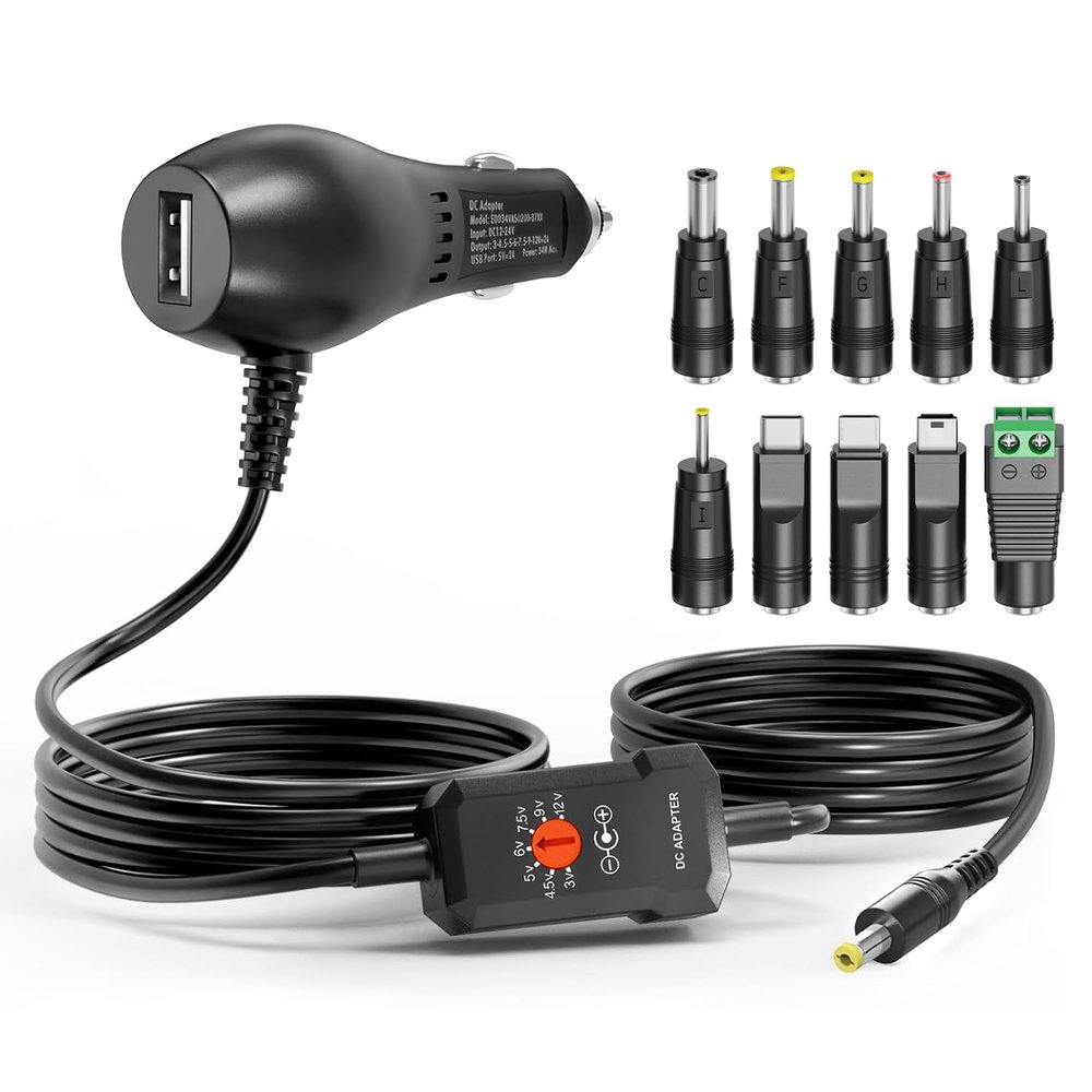 Powseed 34W 3V 4.5V 5V 6V 7.5V 9V 12V DC Car Charger with 10 Tips and USB
