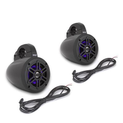 Pyle Waterproof Marine Wakeboard Tower Speakers - 4 Inch Dual Subwoofer Speaker Set w/LED Lights & Bluetooth for Wireless Music Streaming - Boat Audio System w/Mounting Clamps PLMRLEWB47BB