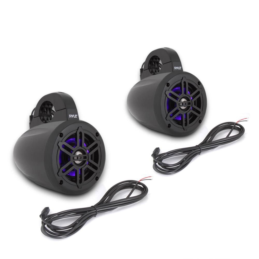 Pyle Waterproof Marine Wakeboard Tower Speakers - 4 Inch Dual Subwoofer Speaker Set w/LED Lights & Bluetooth for Wireless Music Streaming - Boat Audio System w/Mounting Clamps PLMRLEWB47BB