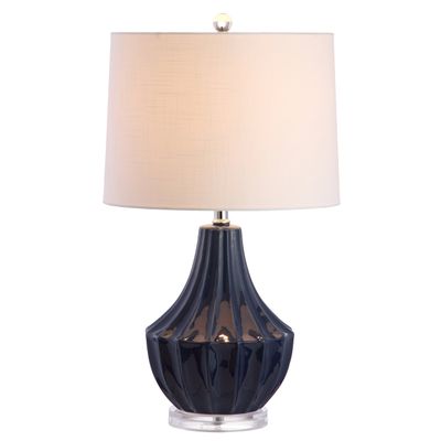 JONATHAN Y Tate 24.5" Ceramic Fluted Gourd LED Table Lamp, Navy Blue