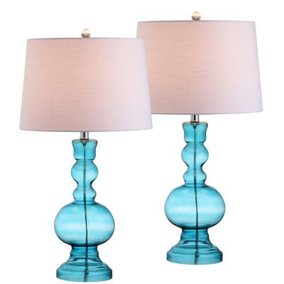 JONATHAN Y Genie 28.5" Glass Table Lamp, Aqua, Set of 2