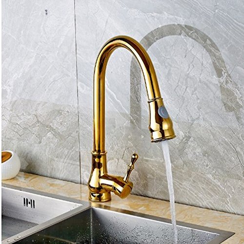 GOWE Gold Deck Mounted Kitchen Sink Faucet Swivel Spout Pull Out Mixer Tap Countertop Mixer Tap with Cover Plate