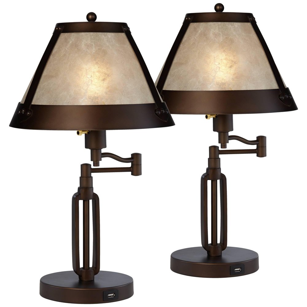 21 1/4" Bronze Brown Table Lamps Set of 2 Swing Arm with USB Charging Port