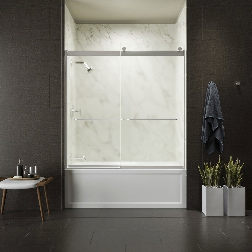 KOHLER K-706004-D3-SH Levity Bypass Bath Door with Towel Bar and 1/4-Inch Frosted Glass in Bright Silver