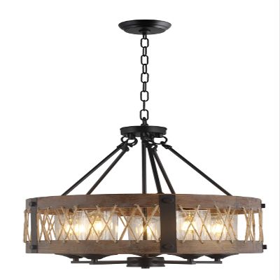 20 Inch Wide Round Wood Shade with Rope, 5 Light Farmhouse Style American Country, Antique Retro Perfect for Dining Room Kitchen Salon