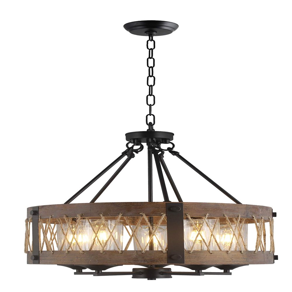 20 Inch Wide Round Wood Shade with Rope, 5 Light Farmhouse Style American Country, Antique Retro Perfect for Dining Room Kitchen Salon
