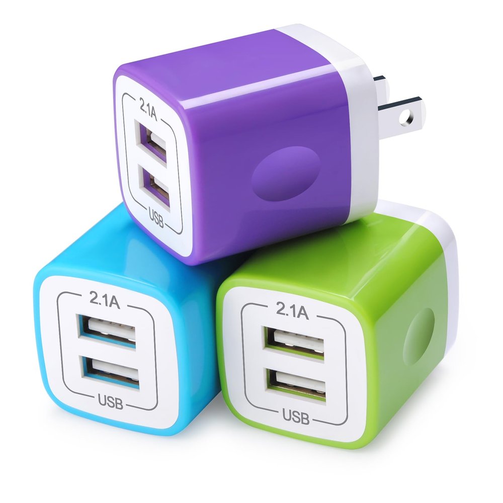 Charging Block, Wall Charger Sicodo 3-Pack Dual Port USB Home Travel Plug