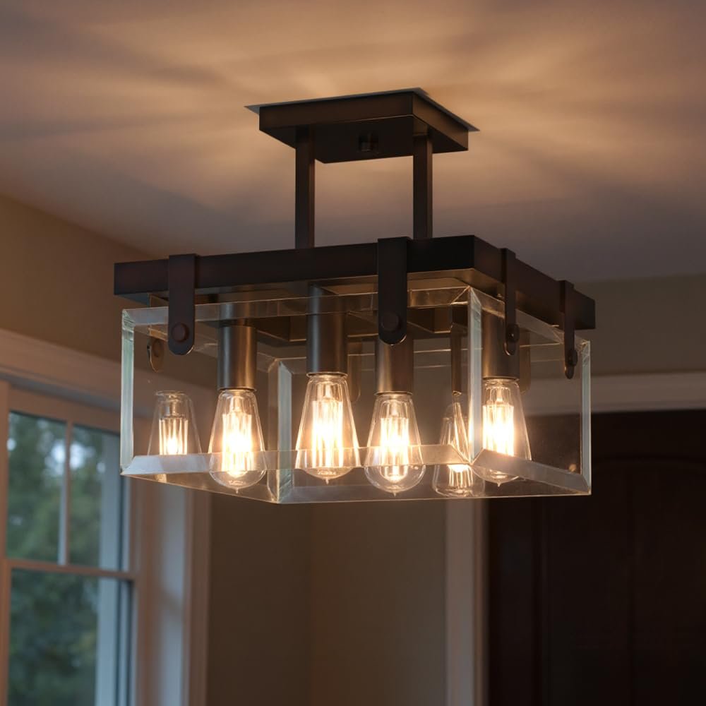 Urban Ambiance Luxury Modern Farmhouse Ceiling Fixture, Medium Size: 14" H x 21" W, with Industrial Chic Style Elements, Olde Bronze Finish and Clear Shade, UHP2448, Bristol Collection